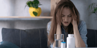 A woman sits on a couch, resting her head in her hands, conveying a sense of distress or deep thought.
