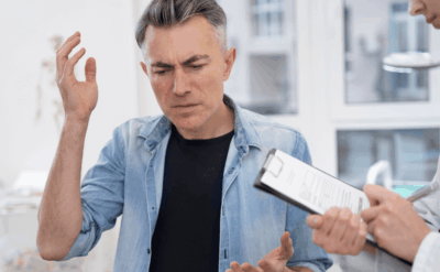 Middle-aged man looking unwell and touching his head while consulting a doctor who is holding a clipboard."