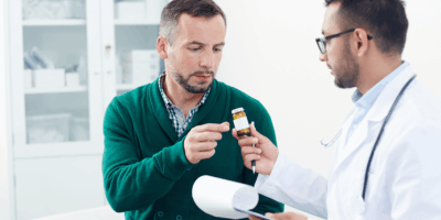 A man presents a pill to his doctor during a consultation in a medical office